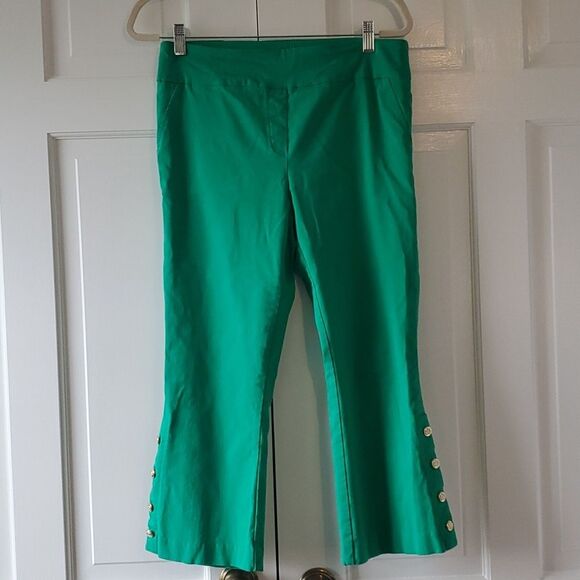 COUNTERPARTS KELLY GREEN FLARE LEG CROPPED PULL ON PANTS SIZE MEDIUM GOLD BUTTON - Picture 1 of 8